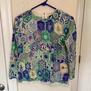 Talbots Lighweight Floral / Geometric Patchwork Pullover Sweater, Petite Small